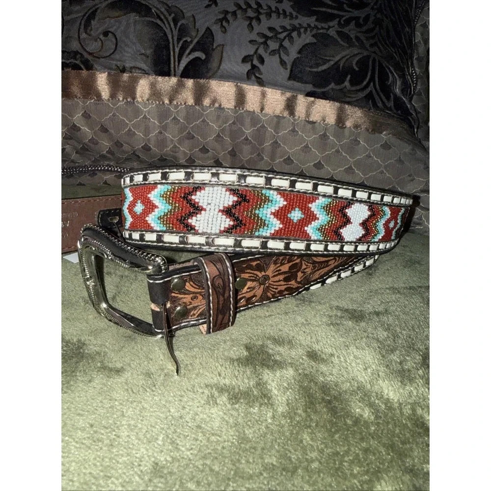 New Ariat Aztec‎ Bead Leather Belt Basketweave Belt A1040402 Mens Sz 42 Cowboy